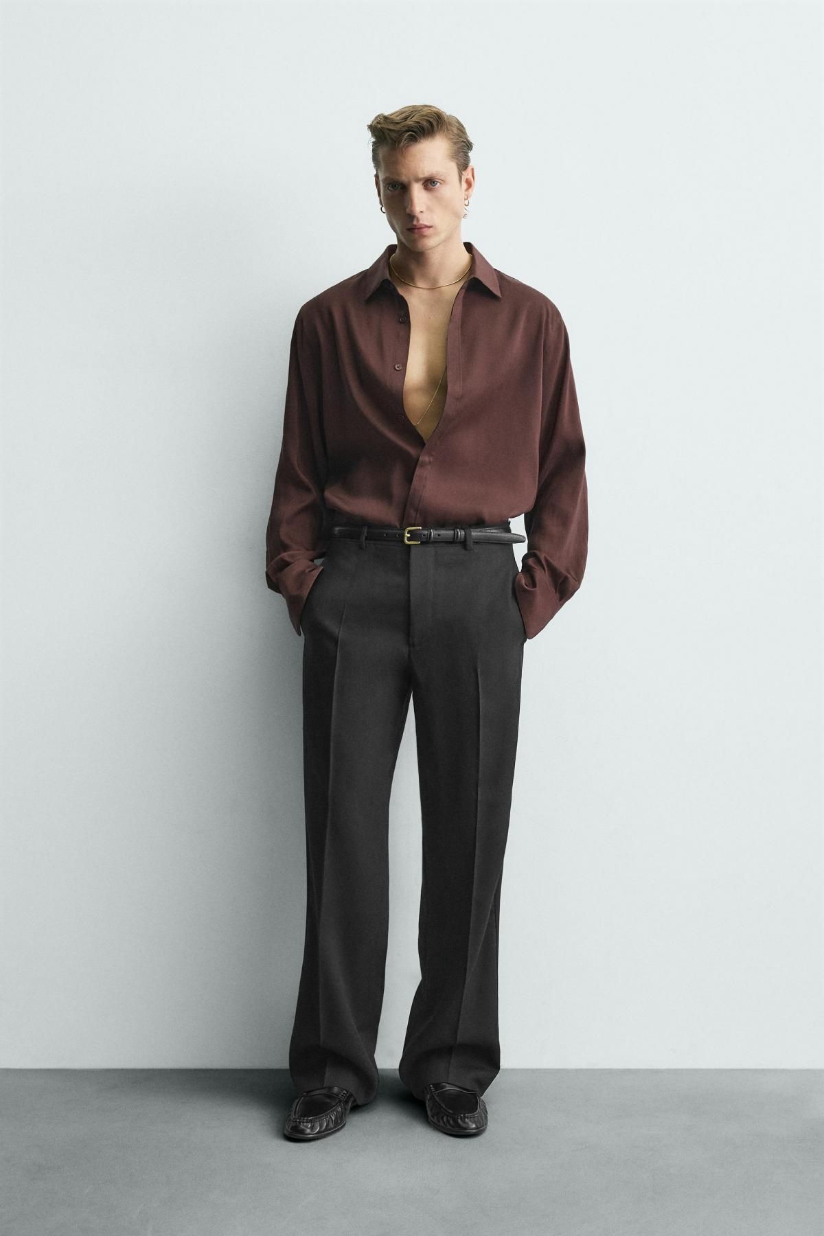 자라 프리미엄 실크 브라운 릴랙스핏 긴팔 셔츠 4344/350 BURGUNDY - 상세 이미지 2