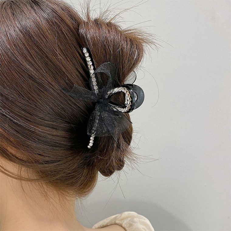 올림 머리 큐빅 삔 반 묶음 리본 헤어 집게 핀 블랙 단발반 긴머리반 악세사리 - 상품 이미지