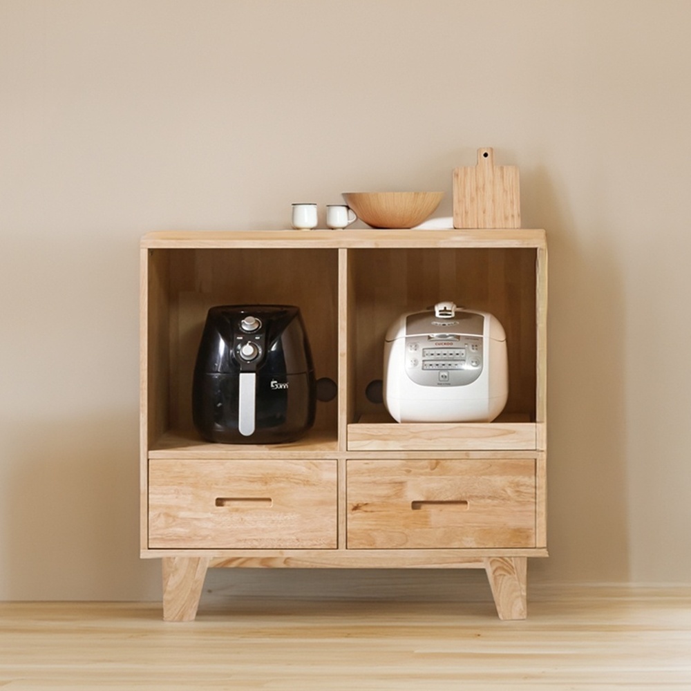 레티노 밥솥장 전자레인지 에어프라이어 밥솥레일 슬라이딩 선반 900x400x876mm, 2단, 고무나무내추럴