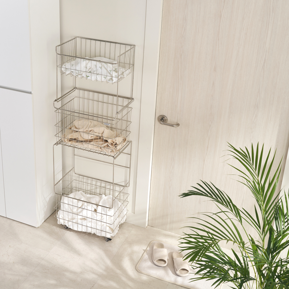 퓨어셀 프리미엄 304 올스텐 이동식 대용량 세탁 빨래 바구니 3단, 1개