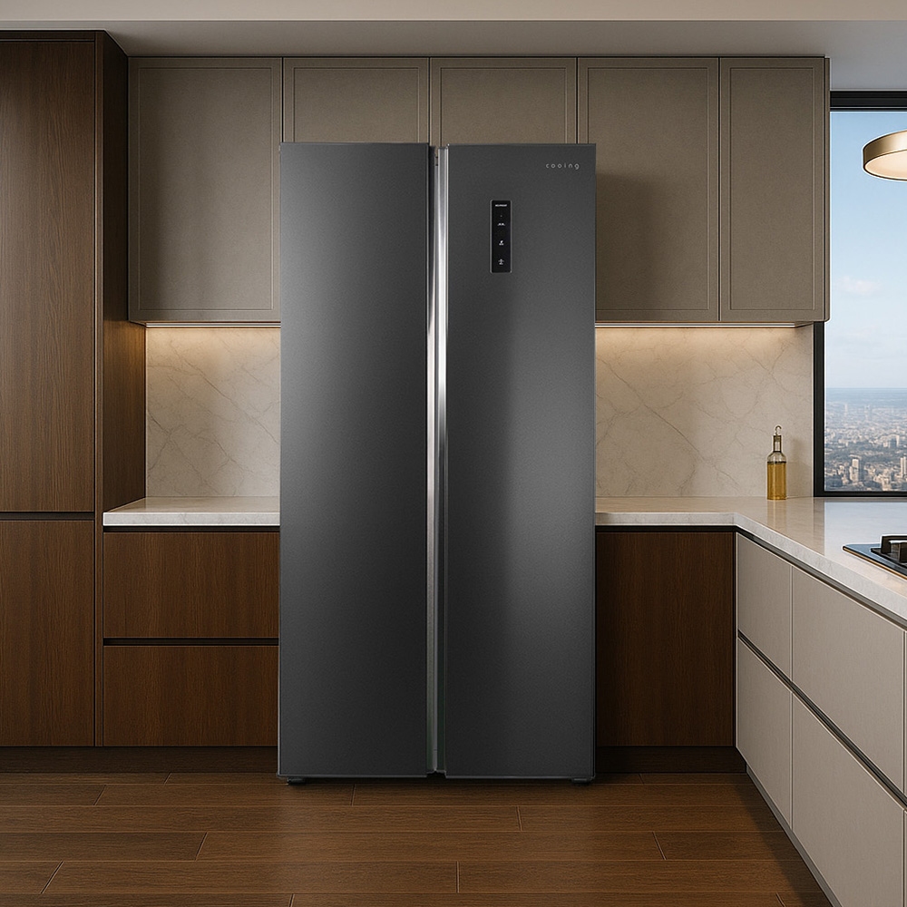 쿠잉 2도어 양문형냉장고 SBS410 대용량 저소음 신혼 프리스탠딩 다크메탈