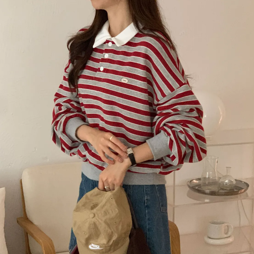 겨울 스트라이프 카라 루즈핏 양기모 맨투맨 팬던트 럭비 - 상세 이미지 5