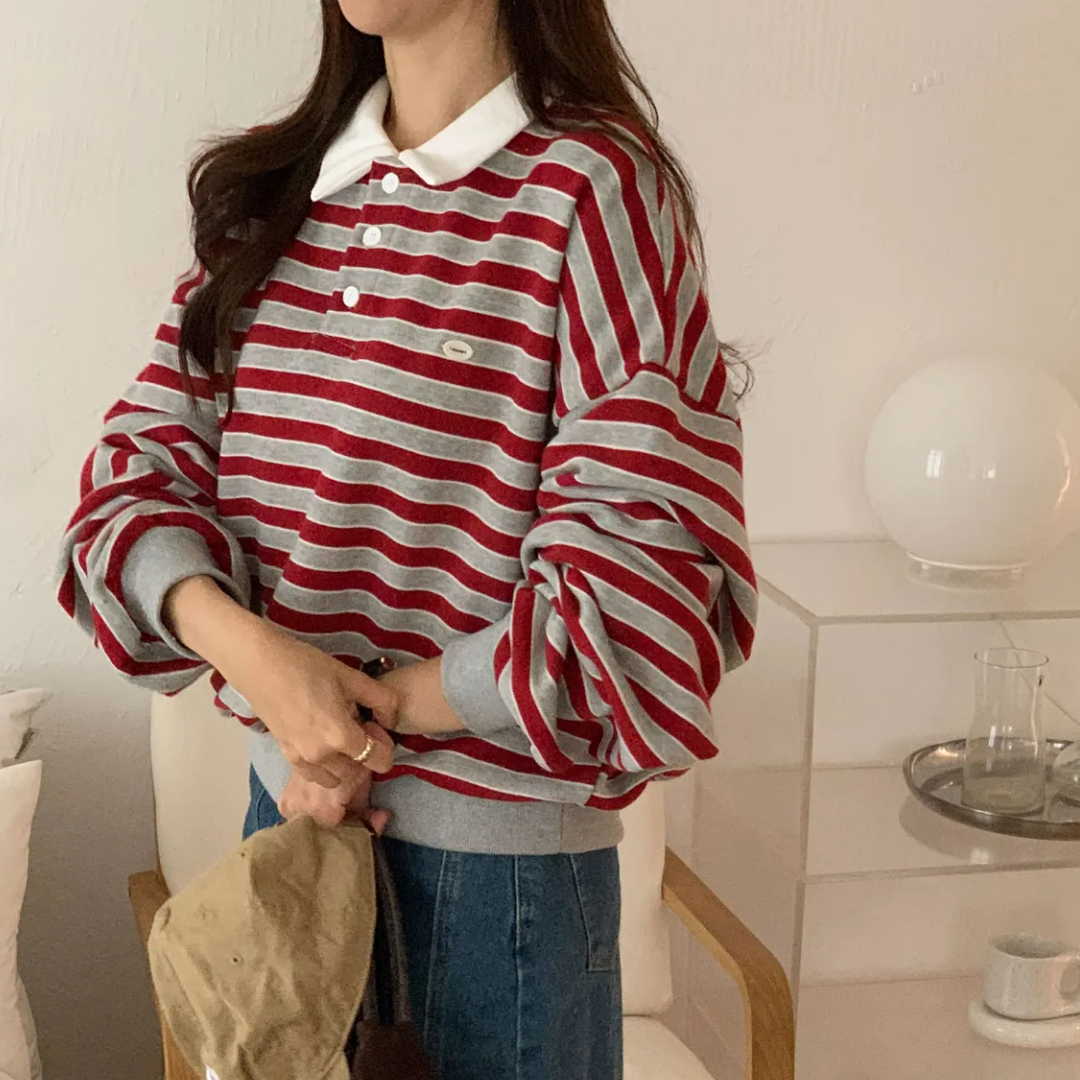 겨울 스트라이프 카라 루즈핏 양기모 맨투맨 팬던트 럭비 - 상세 이미지 4