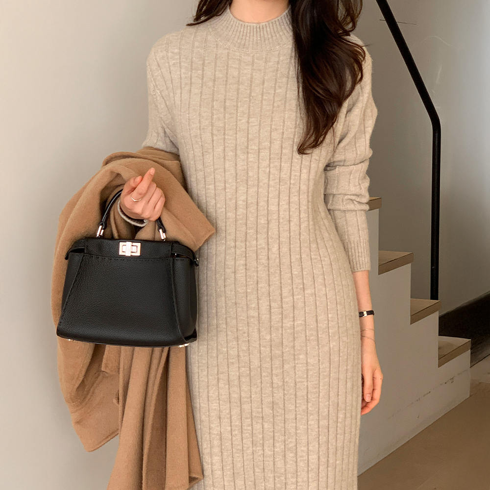 [자체제작] 보들 반목 터틀넥 H라인 골지 니트 롱 원피스 가을 겨울 4664