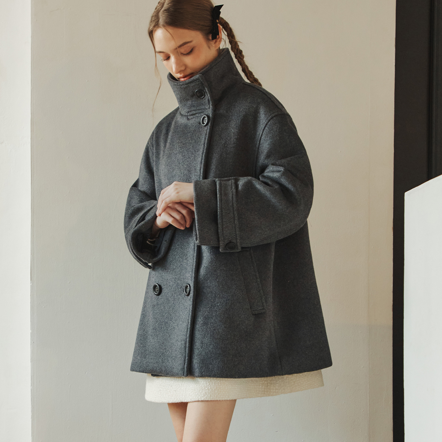[제로스트릿] 울 더블 하프 코트 WOOL DOUBLE HALF COAT / CHARCOAL 제품 이미지