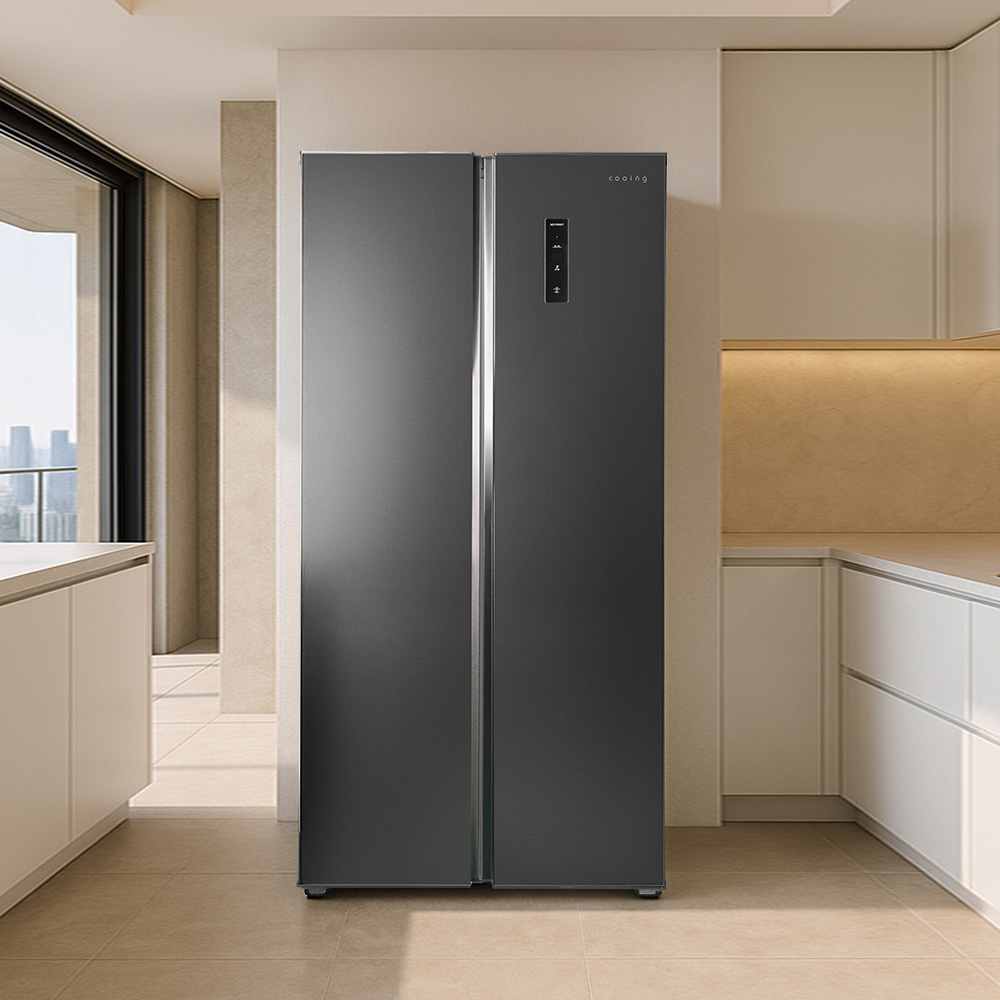쿠잉 2도어 양문형냉장고 SBS410 대용량 저소음 신혼 프리스탠딩 다크메탈