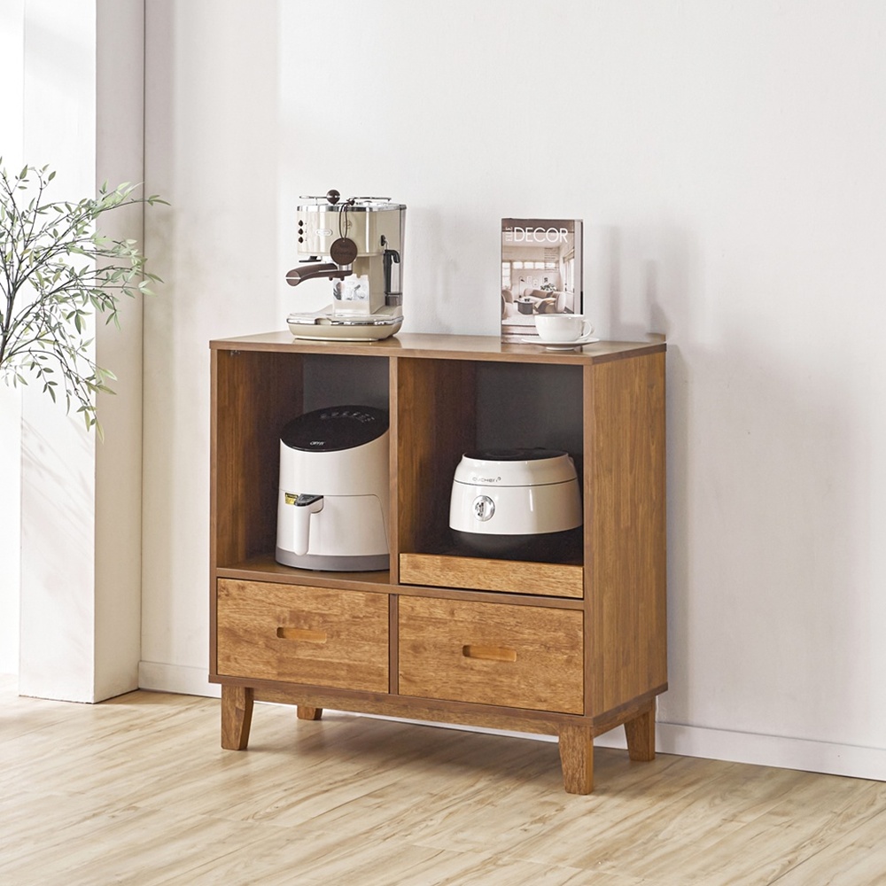 레티노 밥솥장 전자레인지 에어프라이어 밥솥레일 슬라이딩 선반 900x400x876mm, 2단, 고무나무월넛