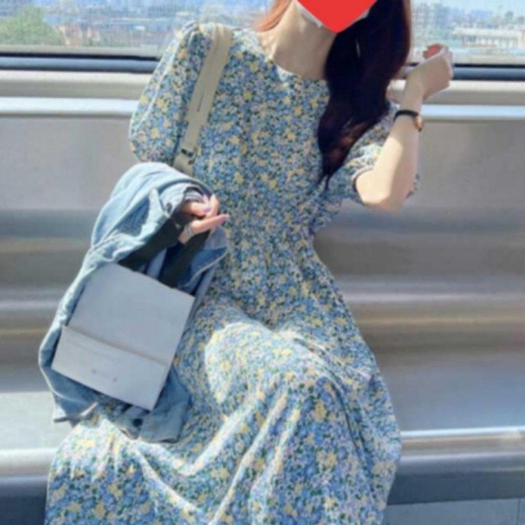 여성 데일리 A라인 여친룩 플라워 반팔 롱 원피스 - 메인 이미지