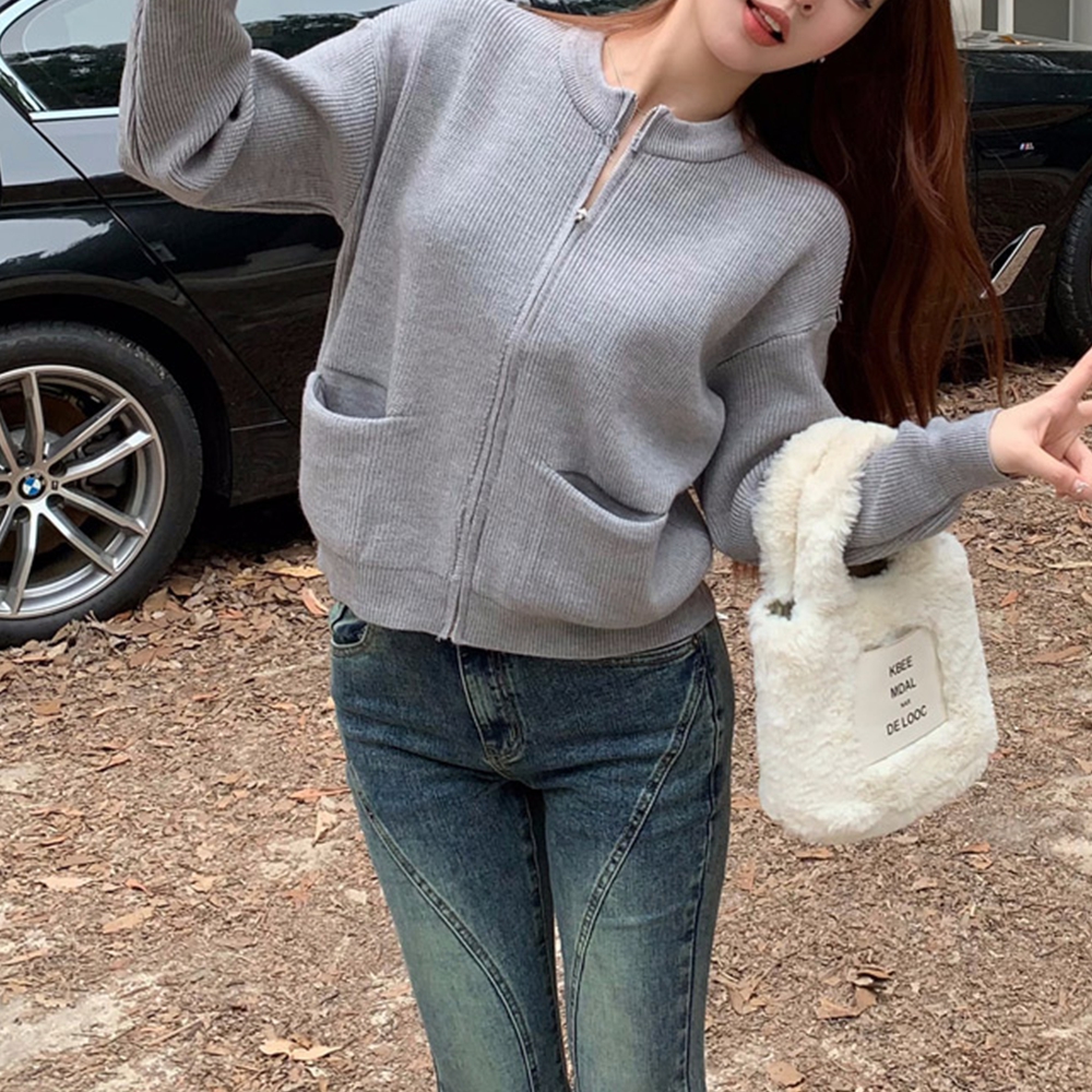 니트집업가디건 레이어드 사무실 회색 숏 가디건 - 상세 이미지 3