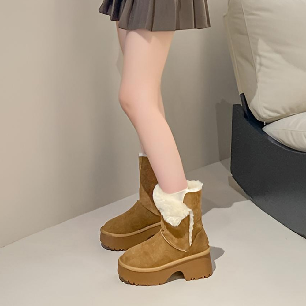 좋으니 키높이 폭신 발편한 레더 스웨이드 통굽 퍼 방한 미들부츠 - 상세 이미지 4