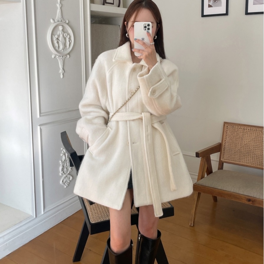 겨울 여성 루즈핏 플랩카라 모직코트 벨트세트 - 상세 이미지 3