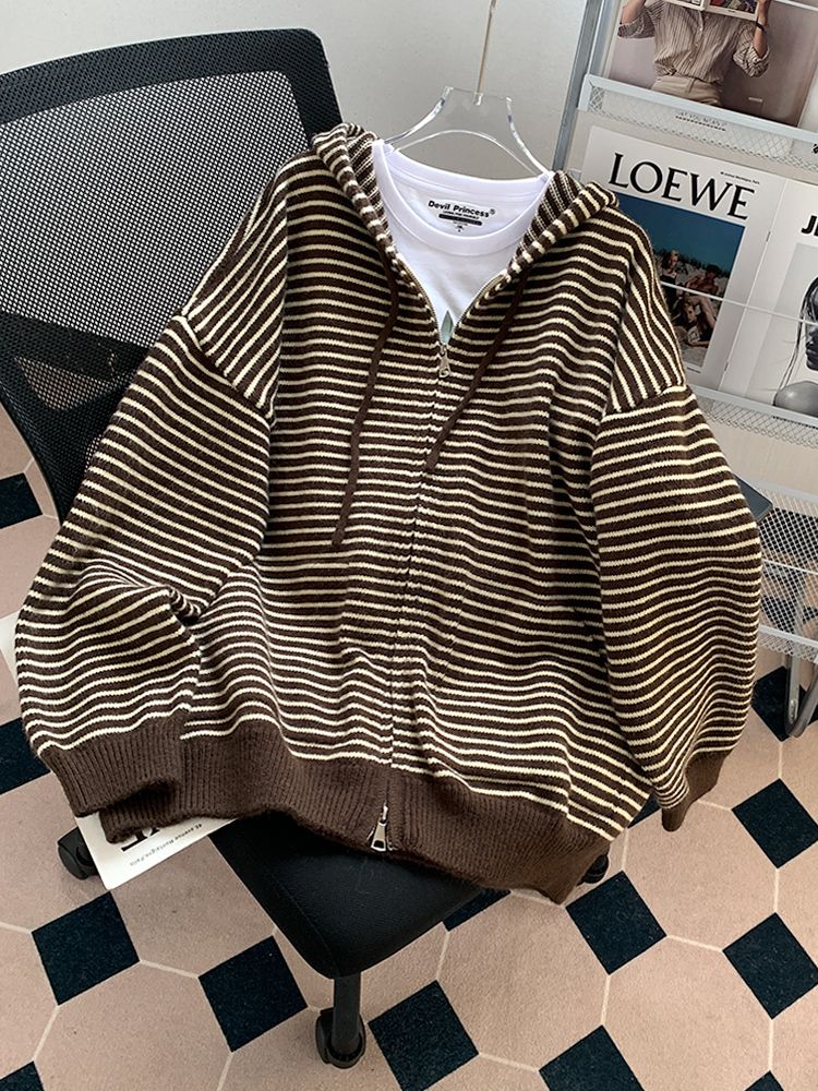 루즈핏 스트라이프 가디건 데일리 후드 가을 카디건 브이넥 네이비 블루 한 사이즈 - 상세 이미지 4