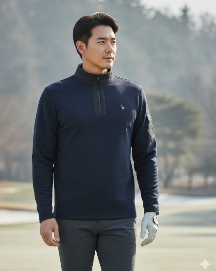 헤지스 남성 겨울 패치 포켓 메탈 지퍼 포인트 골프웨어 스윙 티셔츠 - 상세 이미지 5