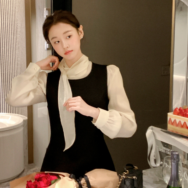 펄 타이 리본 반하이넥 블라우스 bs8544 제품 이미지