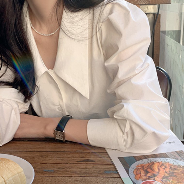 벌룬 여성 숄더 퍼프 화이트 셔츠 소매 카라 블라우스 - 상품 이미지