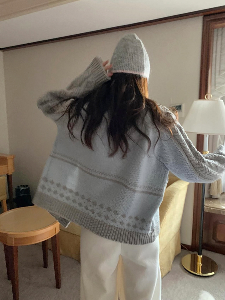 고급 도톰 울 플라워 코위찬 노르딕 가디건 루즈핏 숄카라 자카드 겨울 여성 니트 가디건 - 상세 이미지 5