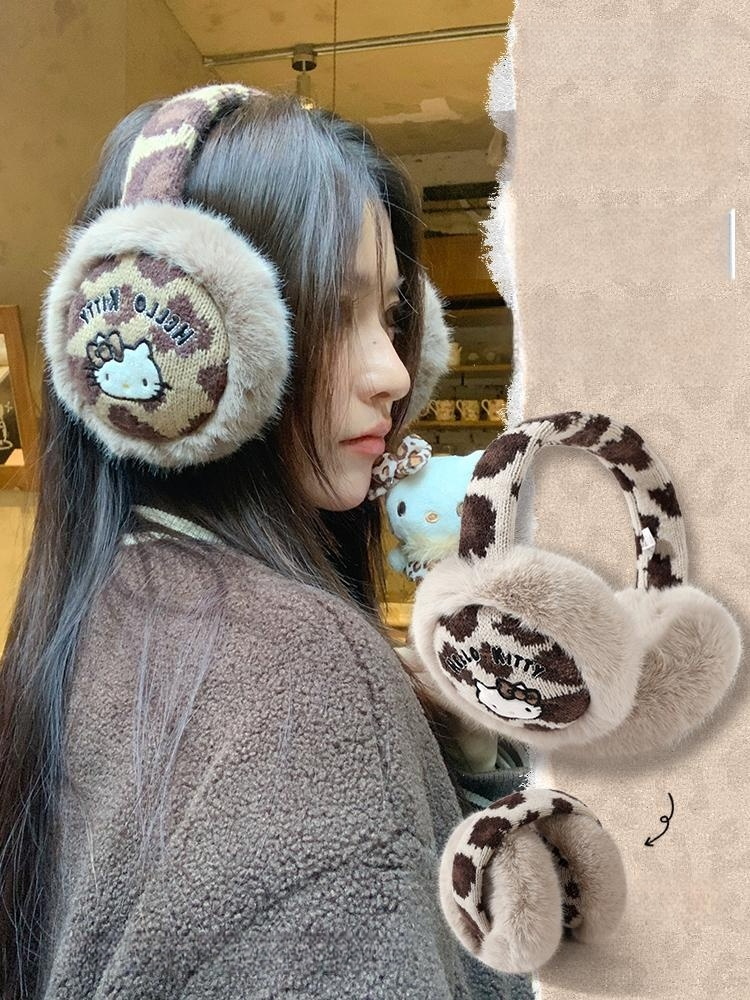 헬로키티 레오파드 귀마개 이어머프 겨울 사이클링 귀 보호 따뜻한 방한 용품 산리오 레드 보우노트 - 상품 이미지