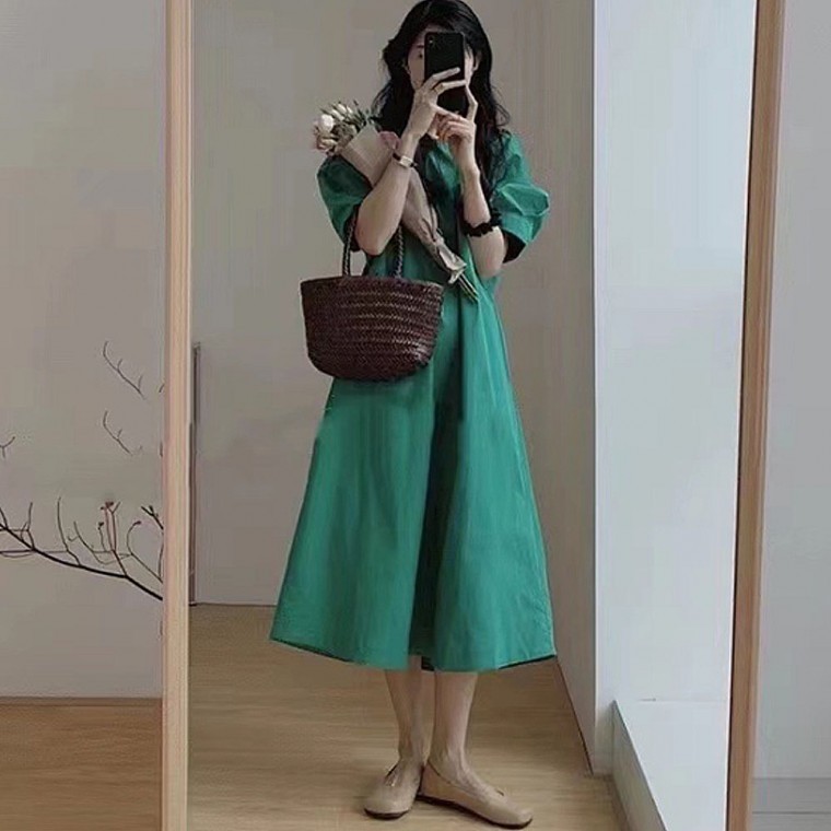 여자 퍼프소매 코튼 A라인 체형커버 원피스 - 상품 이미지