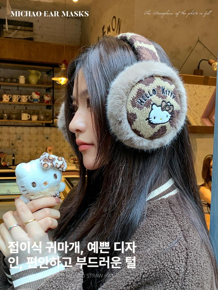 헬로키티 레오파드 귀마개 이어머프 겨울 사이클링 귀 보호 따뜻한 방한 용품 산리오 레드 보우노트 - 상세 이미지 3