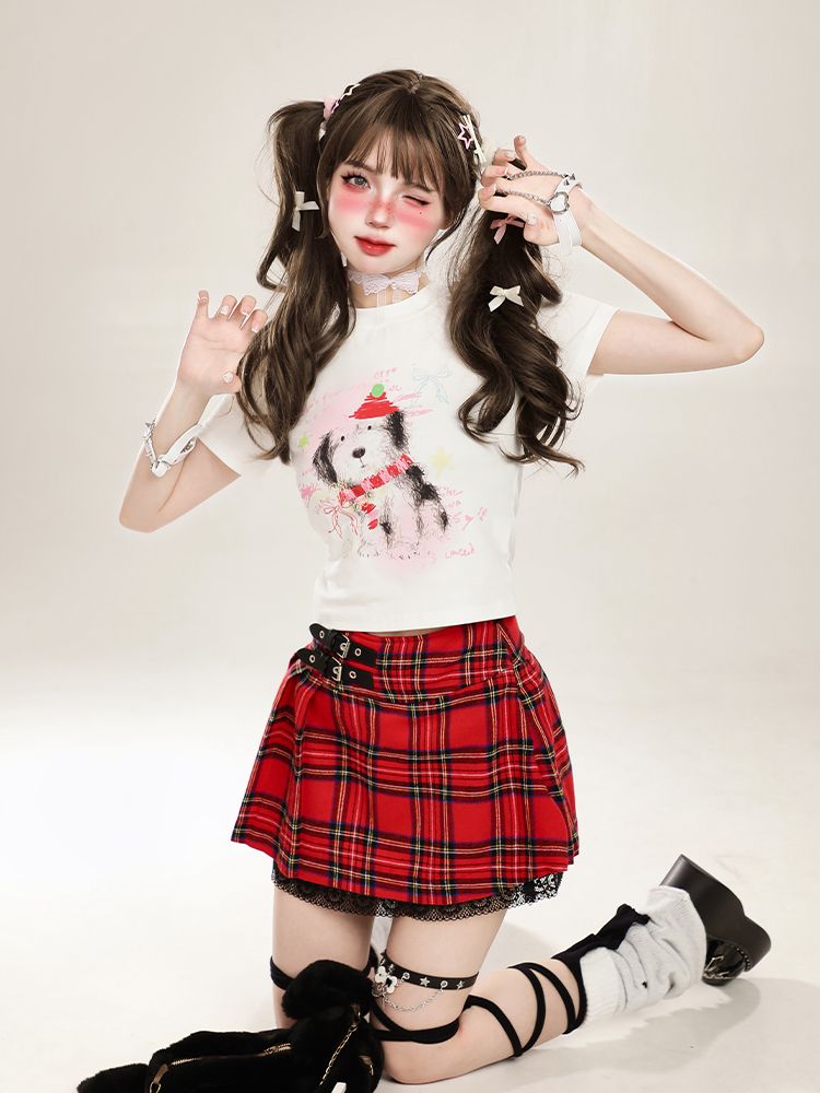 체크 무늬 플리츠 가을 치마 여성 언발란스 스커트 붉은 격자 무늬 S - 상세 이미지 2