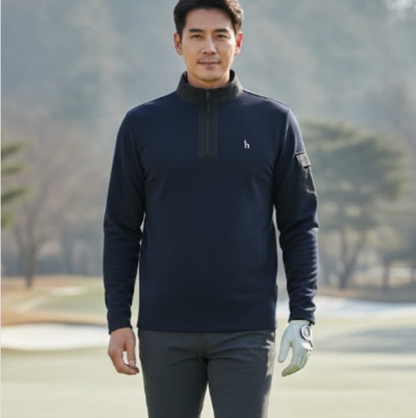 헤지스 남성 겨울 패치 포켓 메탈 지퍼 포인트 골프웨어 스윙 티셔츠 - 상품 이미지