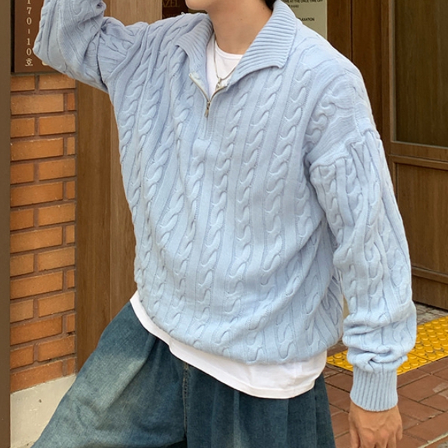 남자 켄헤 오버핏 꽈배기 케이블 반집업 니트 4컬러 이미지 7