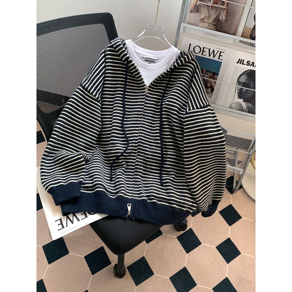 루즈핏 스트라이프 가디건 데일리 후드 가을 카디건 브이넥 네이비 블루 한 사이즈 - 상품 이미지