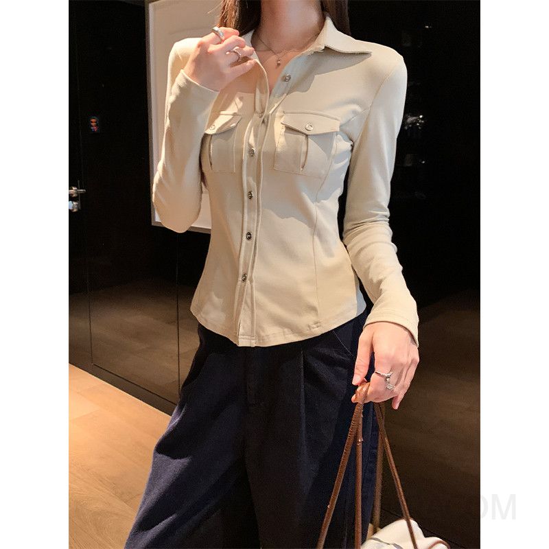 여성 가을 신상 카라 포켓 버튼 긴팔 슬림핏 베이직 블라우스 데일리 오피스룩 셔츠 상의 - 상세 이미지 3