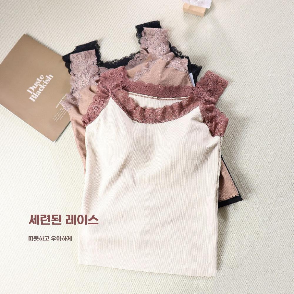 여성 레이스 나시 민소매 벨벳 레이어드 이너 탑 골지 슬림 블랙 FREE - 상세 이미지 2