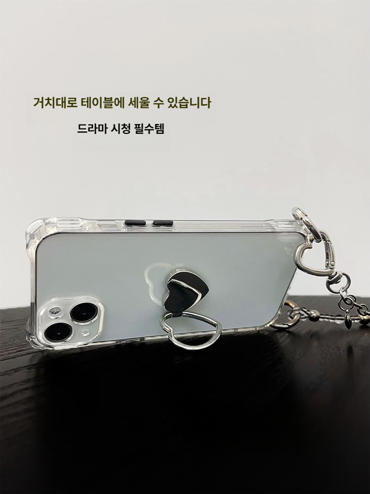 실버 체인 하트 포인트 숄더 크로스바디 스트랩 투명 핸드폰 케이스 4홀 투명 하트 링 크로스바디 롱 체인 iPhone 17 Pro Max - 상세 이미지 5