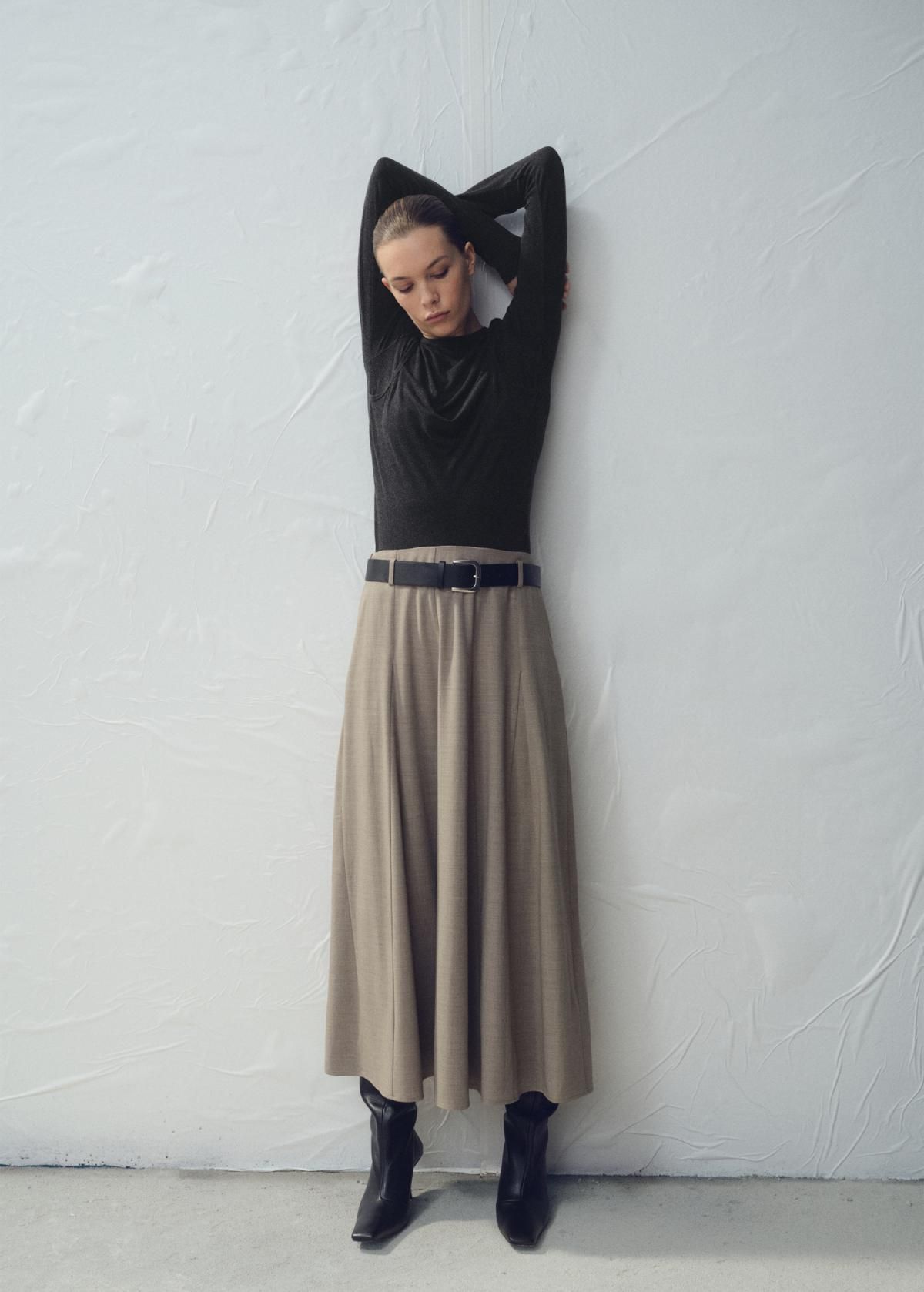 망고 고데트 롱 플레어 스커트 벨트 27071279 GRIS - 상세 이미지 3
