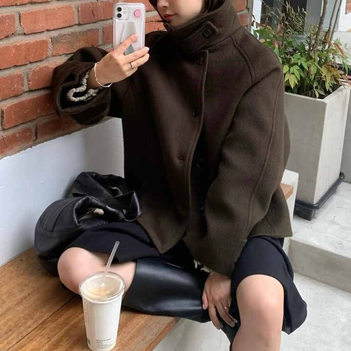 겨울 여성 루즈핏 하이넥 모직 싱글버튼 숏코트 - 상세 이미지 3