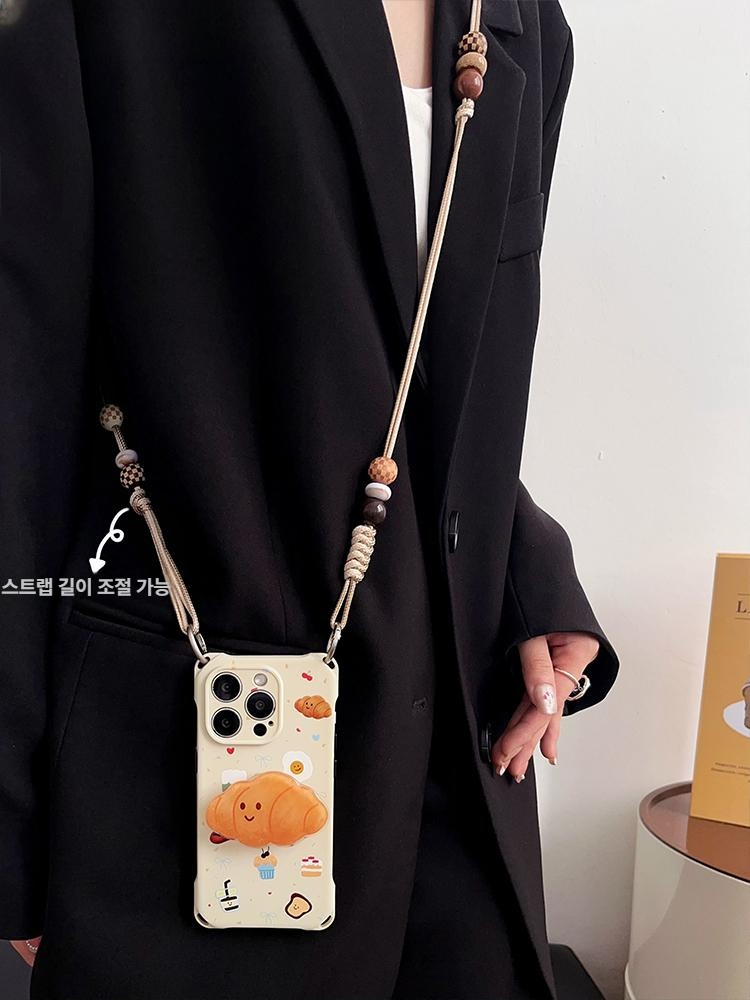 아이보리 비즈 스트랩 곰돌이 포인트 크로스바디 핸드폰 케이스 조절 긴 끈 iPhone 17 - 상세 이미지 3