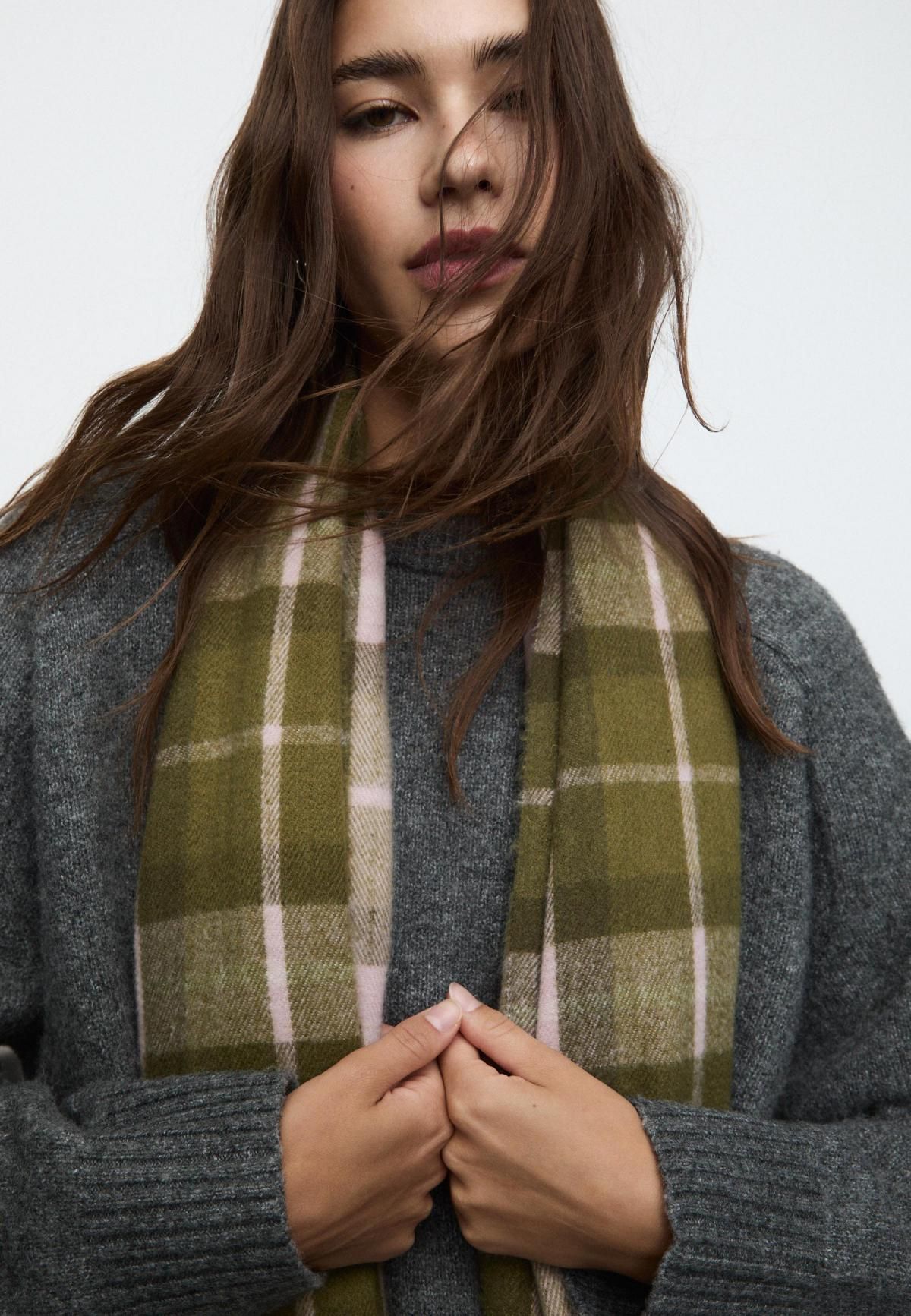 스트라디바리우스 체크 패턴 머플러 스카프 3609/903 OLIVE GREEN - 상세 이미지 3