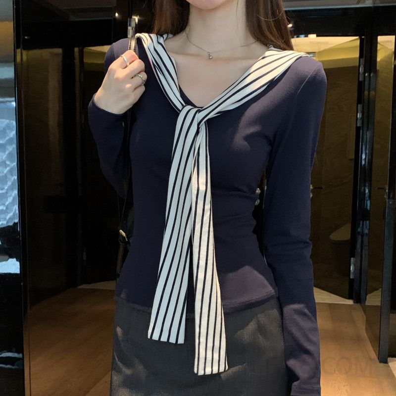 여성 세라넥 스트라이프 배색 카라 긴팔 티셔츠 데일리 캐주얼 루즈핏 간절기 봄 가을 - 상품 이미지