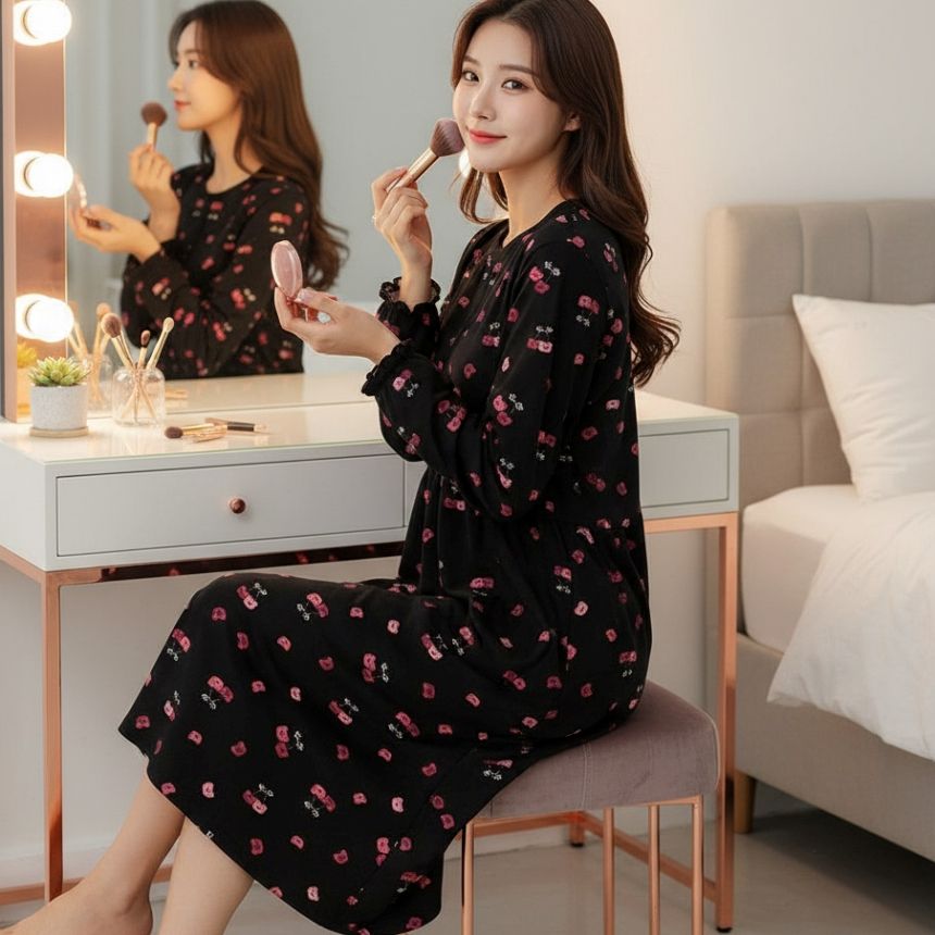 겨울 여성 기모 커플 극세사 원피스 수면 잠옷 피치기모 파자마 소울미스킨 - 상품 이미지