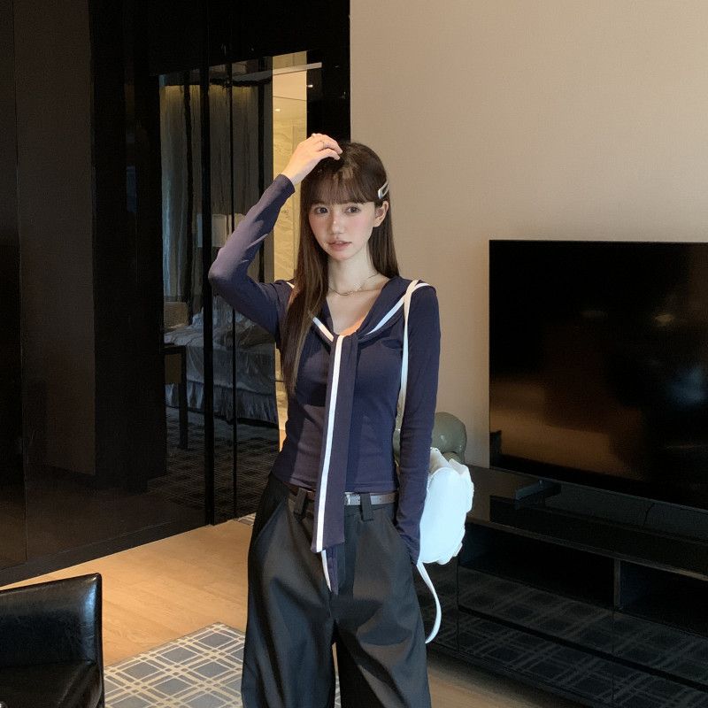 여성 긴팔티셔츠 가을 슬림핏 칼라 네이비 블루 레이어드 스타일 캐주얼 티셔츠 착용감 활용 이너 패션 - 상세 이미지 5