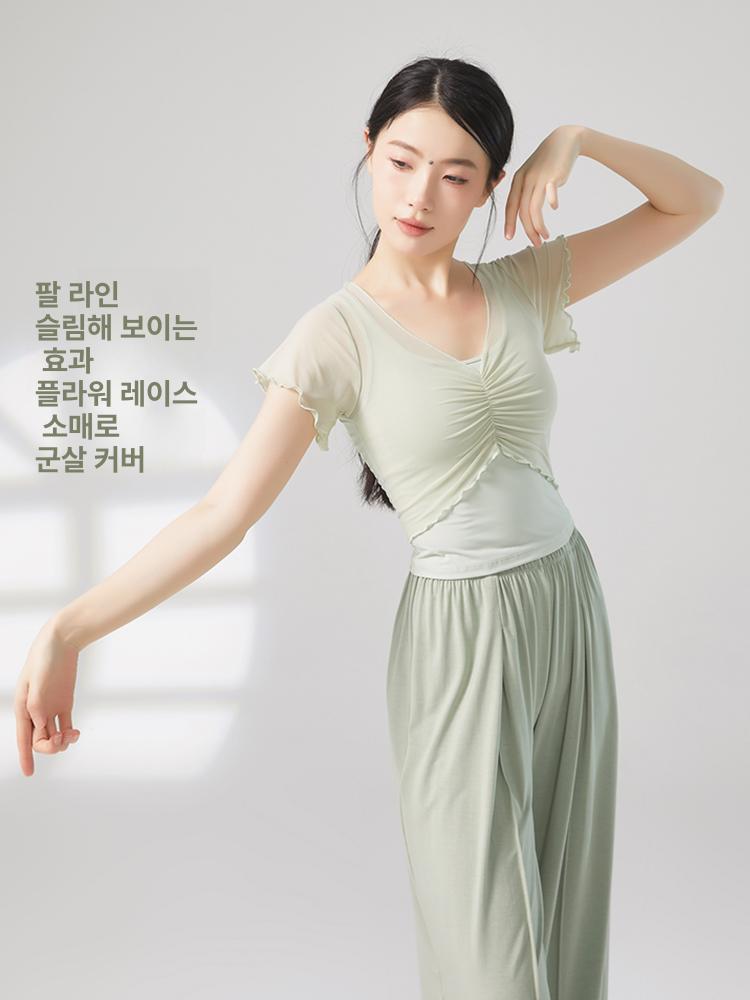 여성 성인 가을 현대무용 연습복 반팔 상의 세트 - 상세 이미지 4