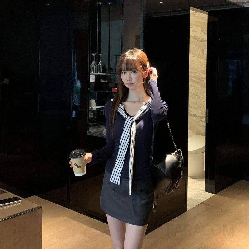 여성 세라넥 스트라이프 배색 카라 긴팔 티셔츠 데일리 캐주얼 루즈핏 간절기 봄 가을 - 상세 이미지 4