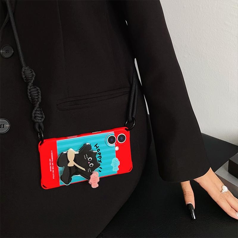 회전형 스트라이프 블랙 고양이 스마트폰 케이스 스탠드+조절끈 크로스바디 iPhone 17 - 상품 이미지