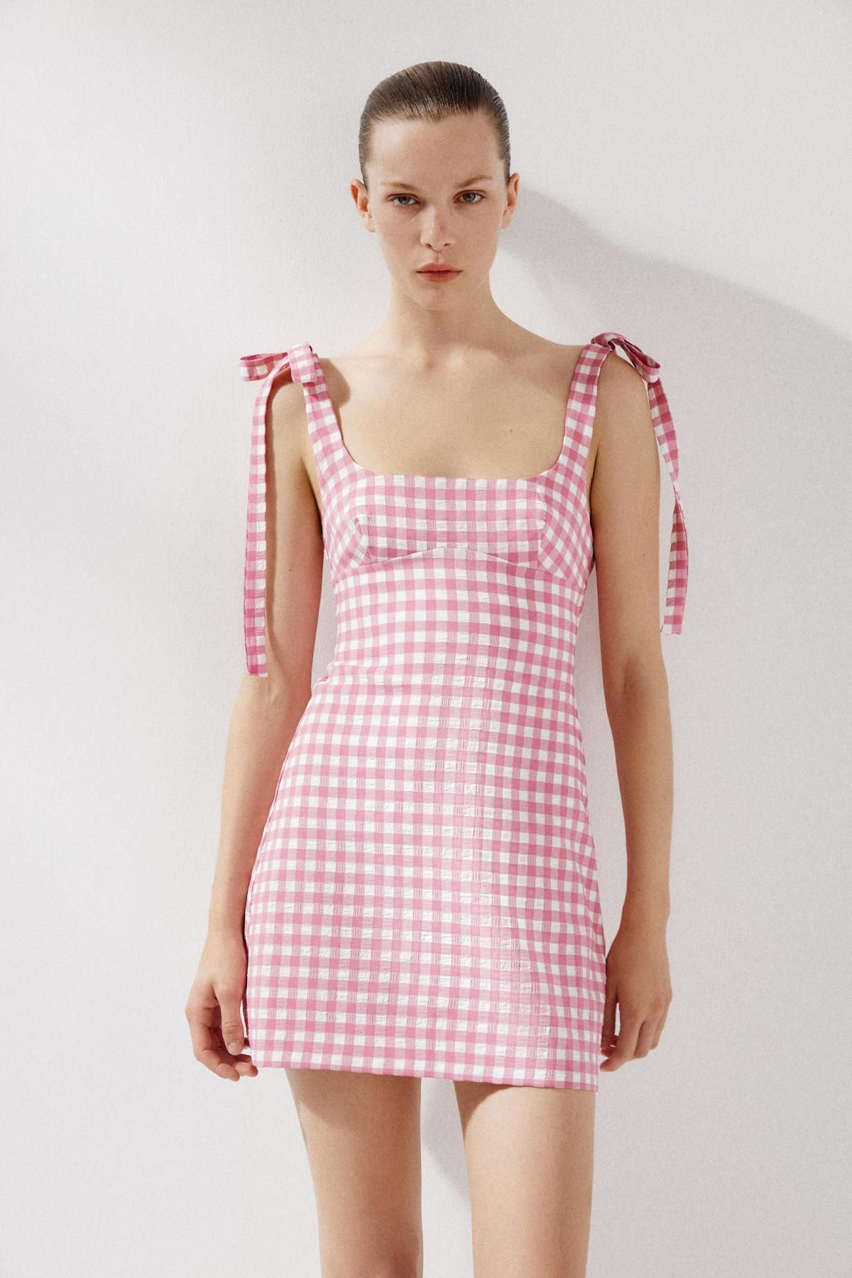 자라 로맨틱 깅엄체크 리본 미니 원피스 3067/205 PINK / WHITE - 상세 이미지 3