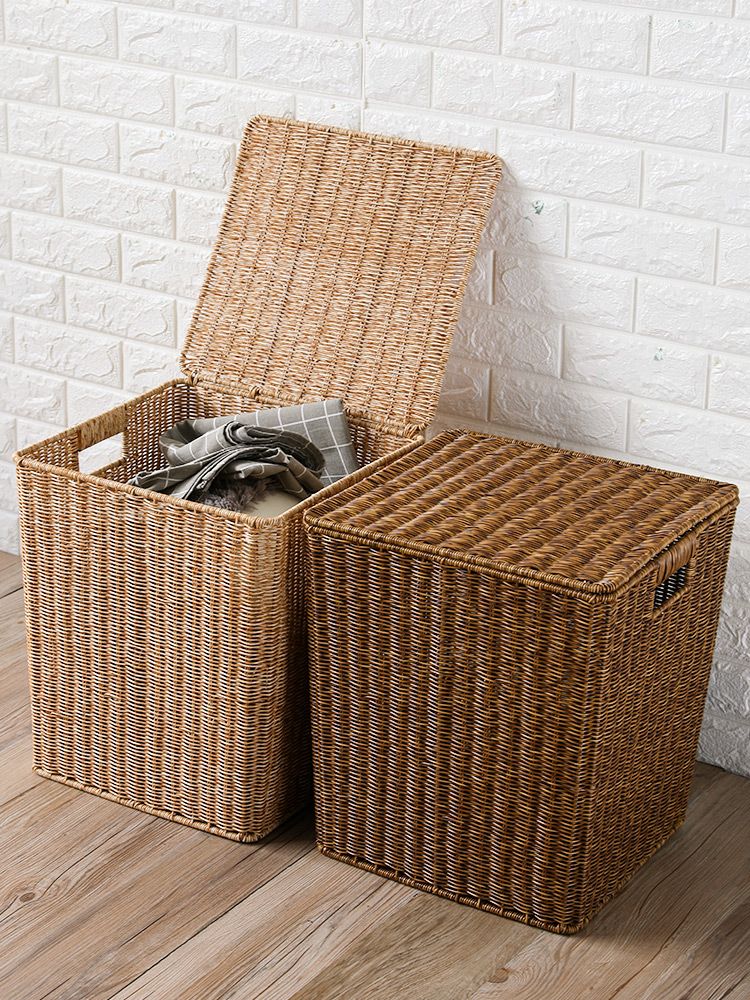 라탄 바구니 빨래통 내추럴 수납함 등나무 사각 보관함 브라운 30x25x38cm 플립 - 상세 이미지 5