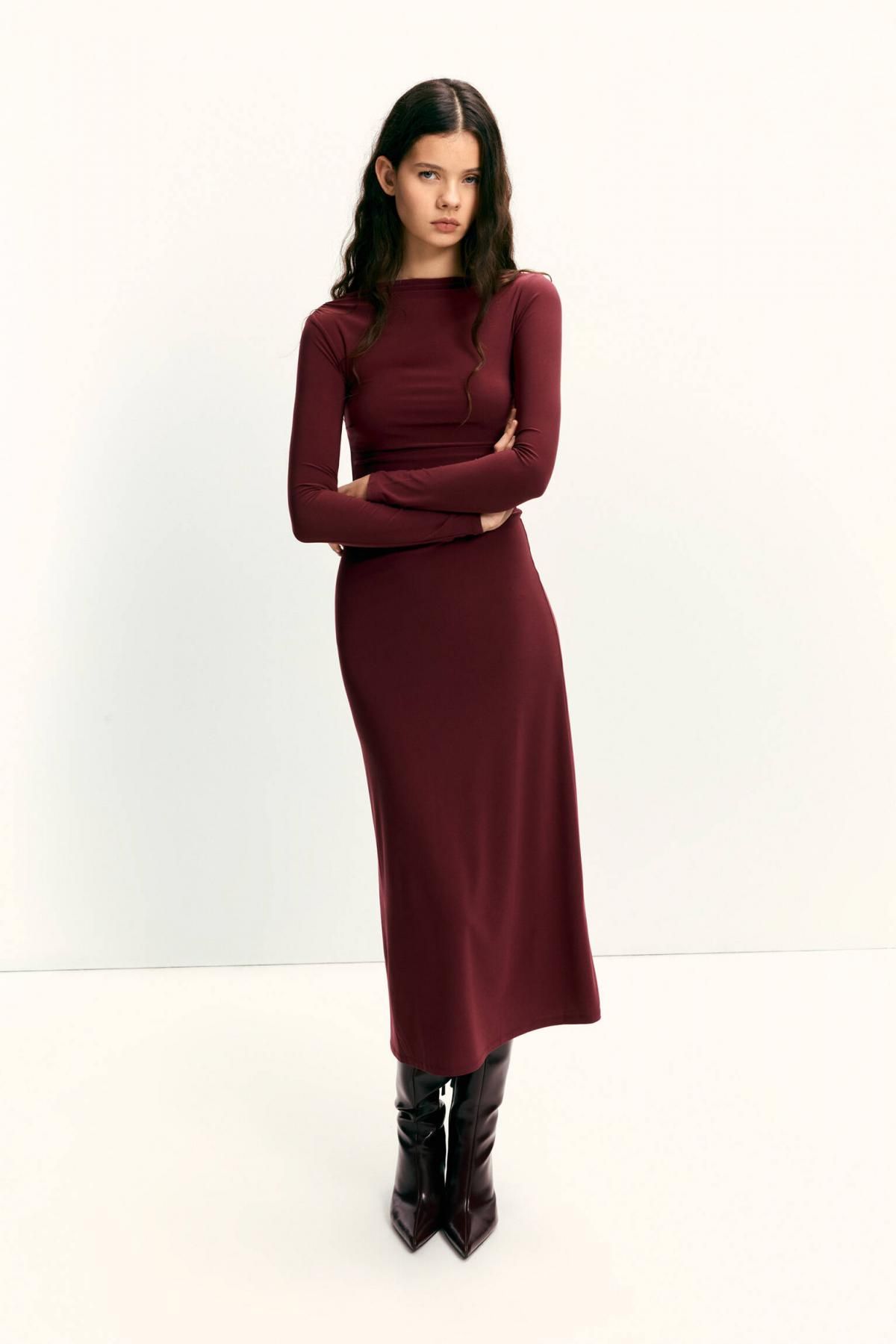 풀앤베어 버건디 소프트 드레이프 미디 원피스 3380/308 BURGUNDY - 상세 이미지 2