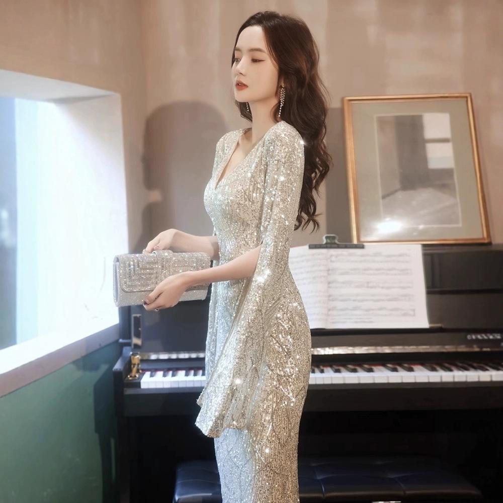 스팽글 연말 시상식 연회복 드레스 슬림핏 머메이드 애프리콧실버 XS - 상세 이미지 2