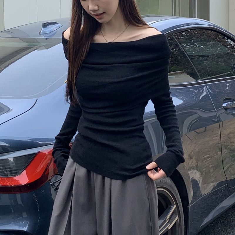 가을 여성 슬림핏 핑크 오프숄더 니트탑 스타일 레이어드 코디 초가을용 긴팔 착용감 좋은 캐주얼룩 - 상세 이미지 2