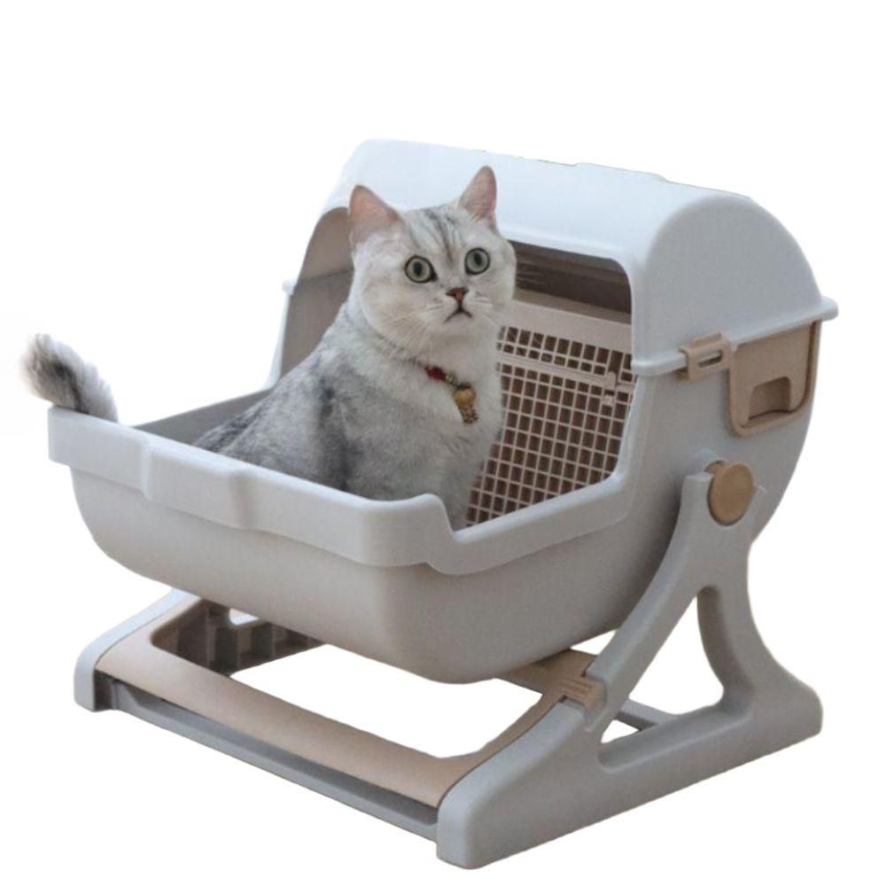 고양이 회전 화장실 자동 변기통 반자동 거름 배변 모래통 베이지 - 상품 이미지