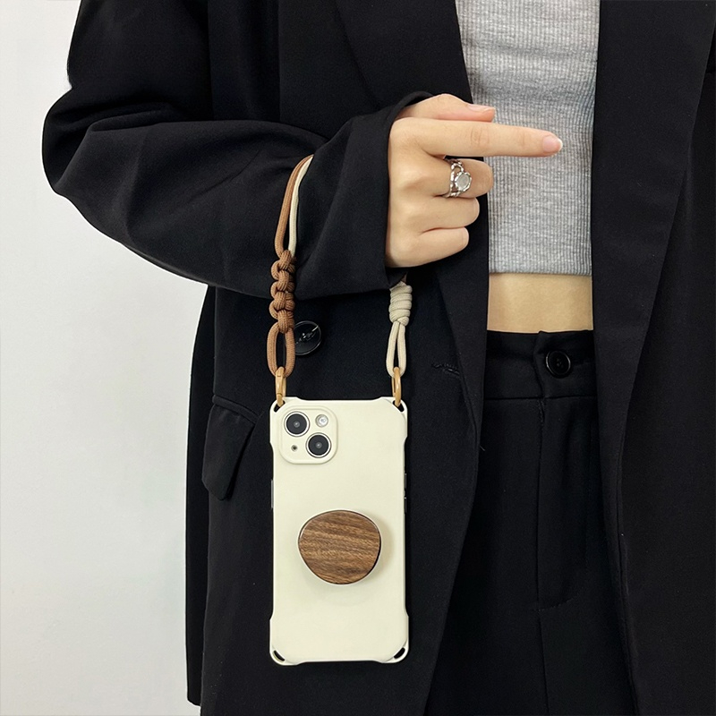 아이보리 가죽 스트랩 우드 포인트 크로스바디 핸드폰 케이스 스탠드+크로스바디 긴끈 iPhone 17 Pro Max - 상세 이미지 3