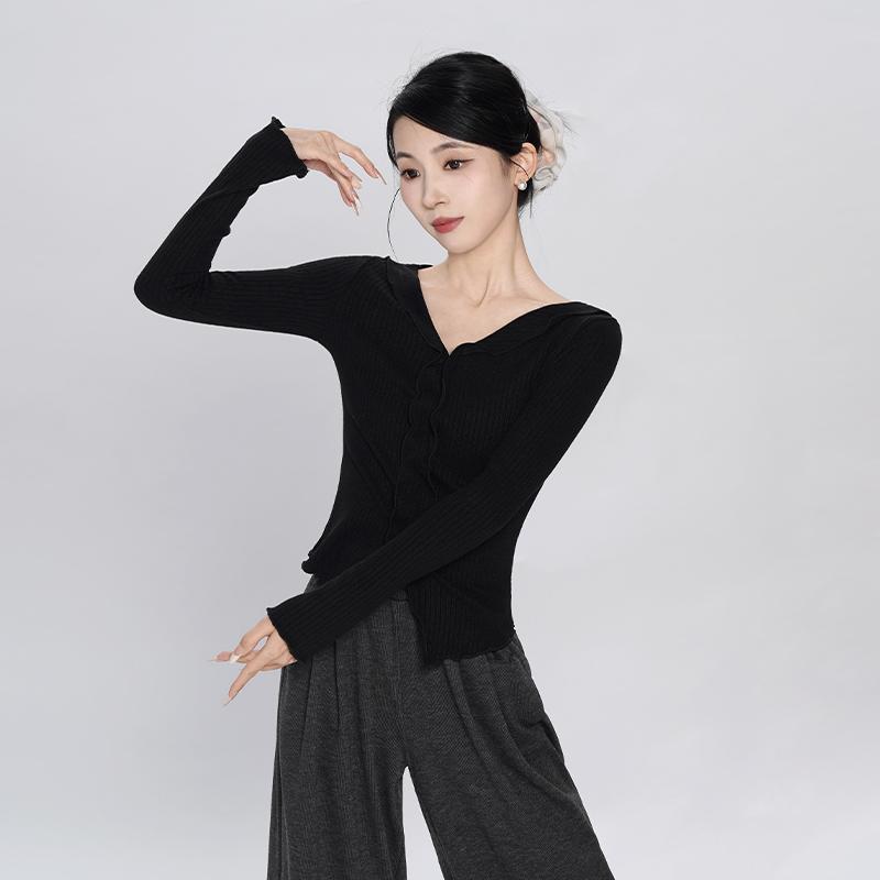 여성용 브이넥 긴팔 발레 댄스복 세트 가을 연습복 - 상세 이미지 5