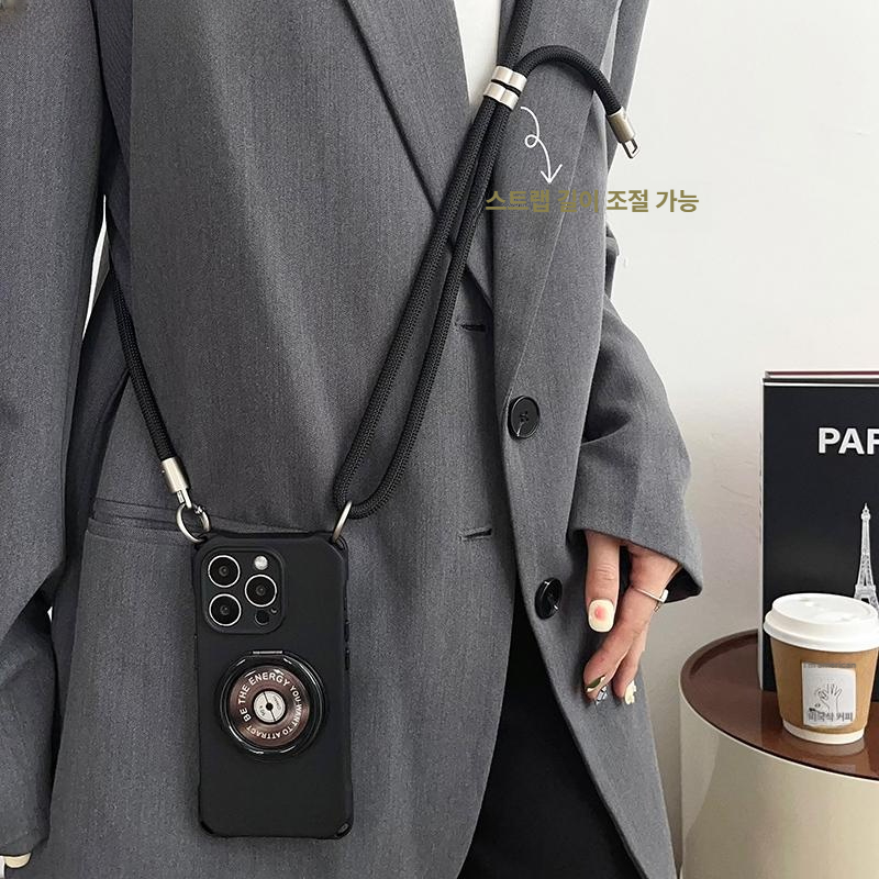 블랙 숄더 스트랩 크로스바디 메탈 엠블럼 파우치형 핸드폰 케이스 케이스+조절 긴 로프 iPhone 17 - 상품 이미지