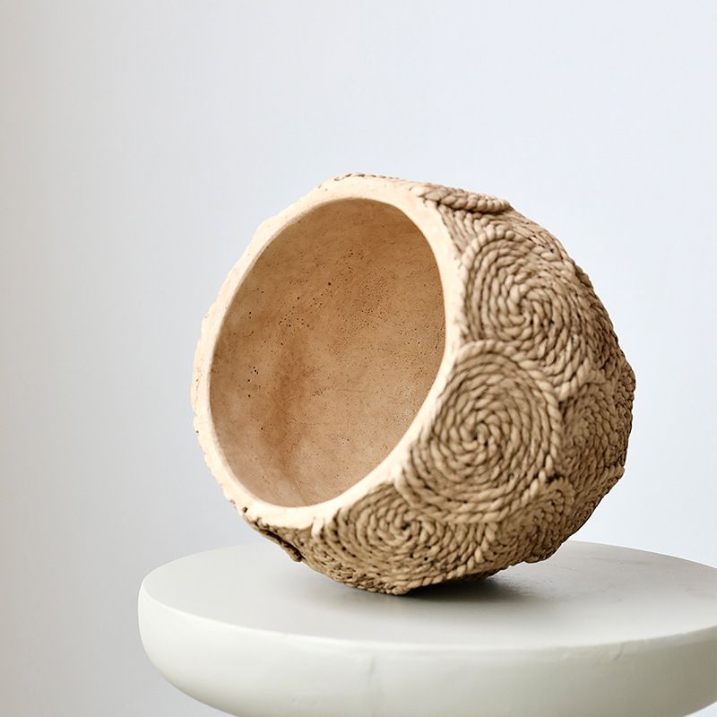 라탄 꽃병 빈티지 화분 내추럴 디자인 도자기 화병 자연 원형 12.5cm - 상세 이미지 3